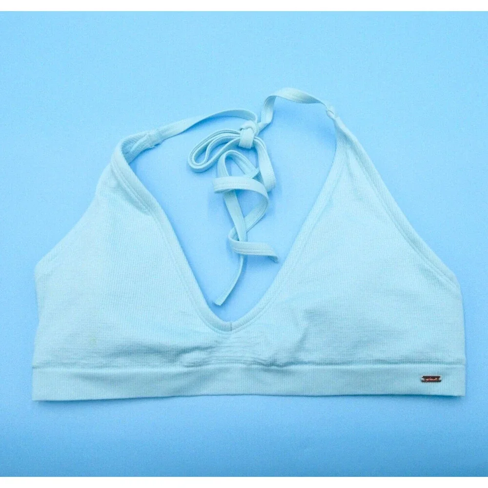 Victorias Secret XL Blue Ribbed Triangle Bikini‎ Top Padded Plunge Swimwear VS